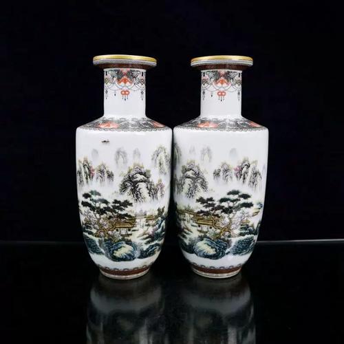 厂家古玩复古工艺品粉瓷器山水图纹花瓶一对家居客厅摆饰