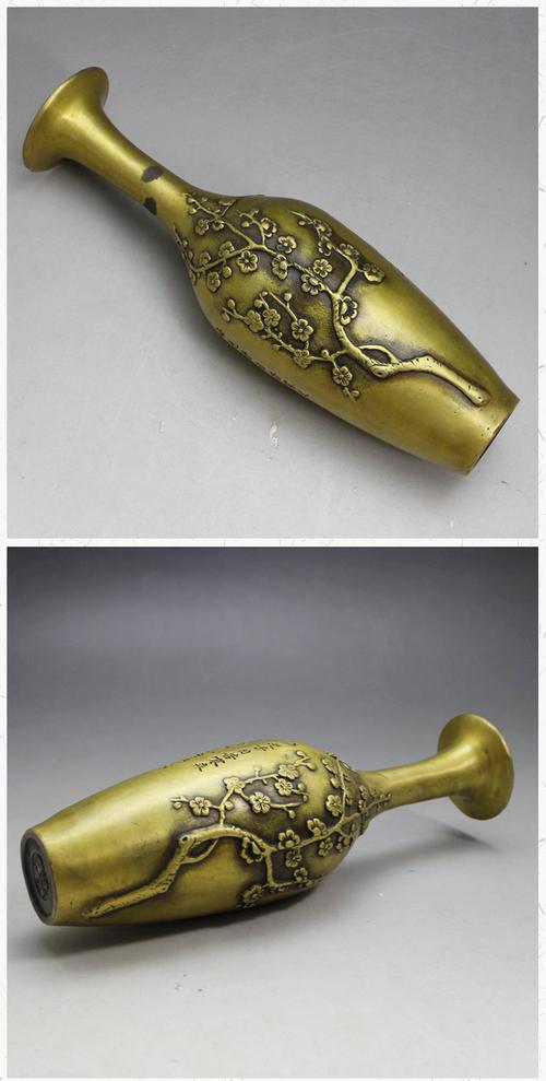 铜器古玩工艺品批发收藏厂家现货复古做旧黄铜梅花花瓶