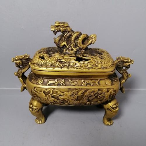仿铜龙香炉摆件仿古黄铜龙纹熏香炉双耳龙头香炉古玩收藏工艺礼品